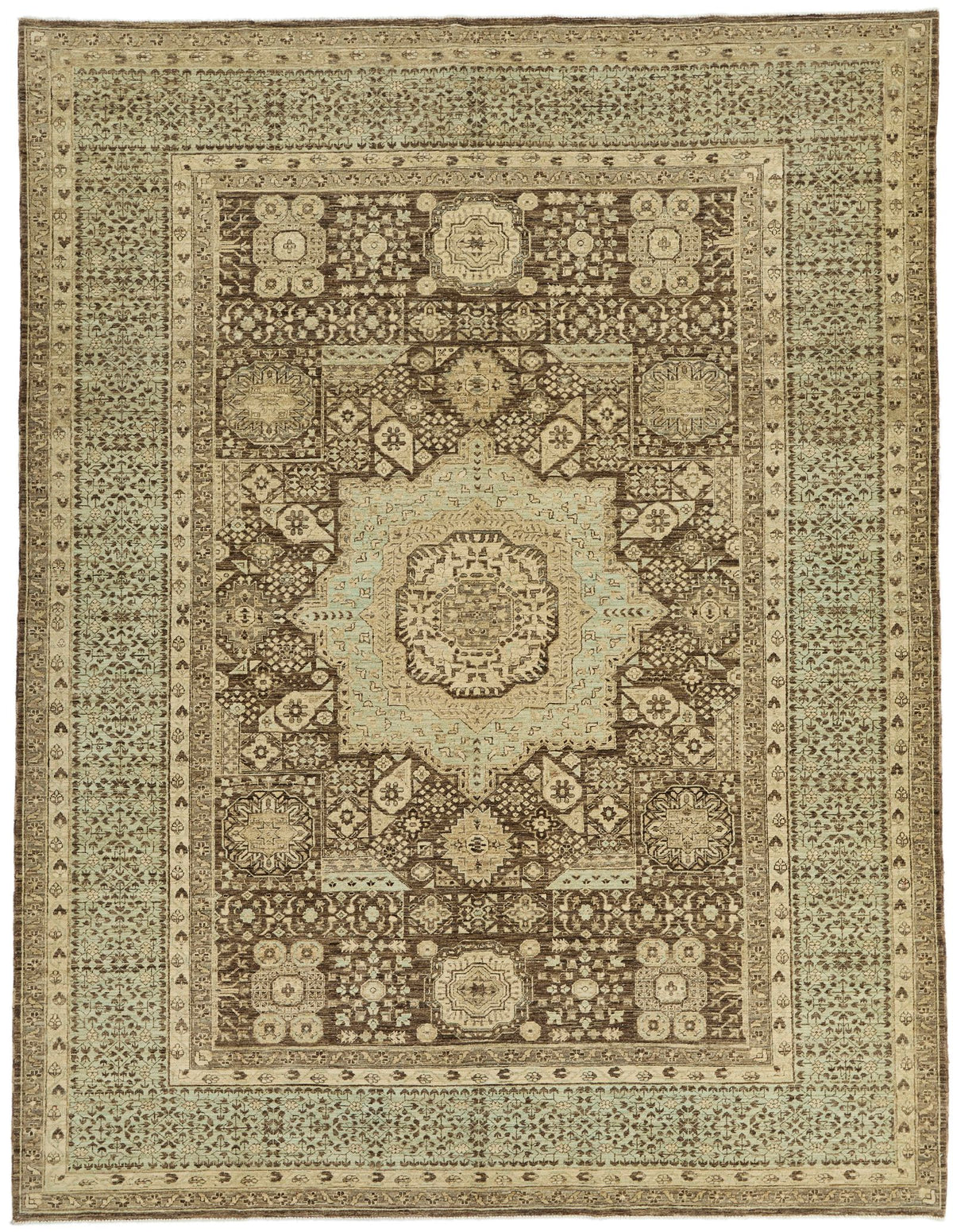 9x12 Ivory and Brown Turkish Tribal Rug