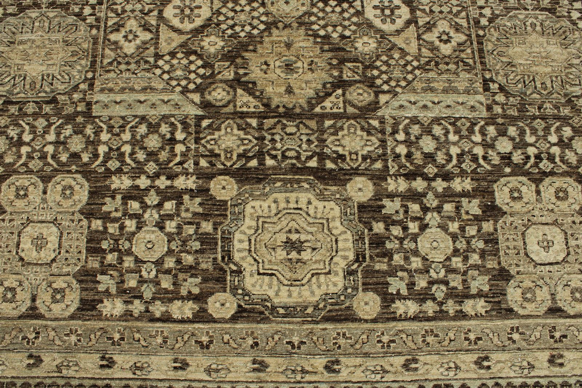 9x12 Ivory and Brown Turkish Tribal Rug