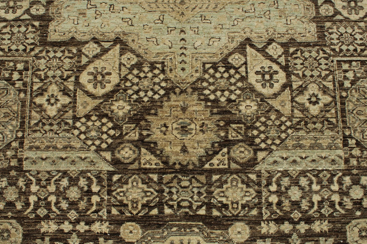 9x12 Ivory and Brown Turkish Tribal Rug