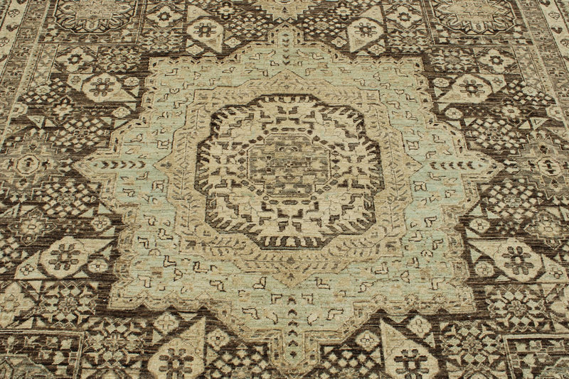 9x12 Ivory and Brown Turkish Tribal Rug
