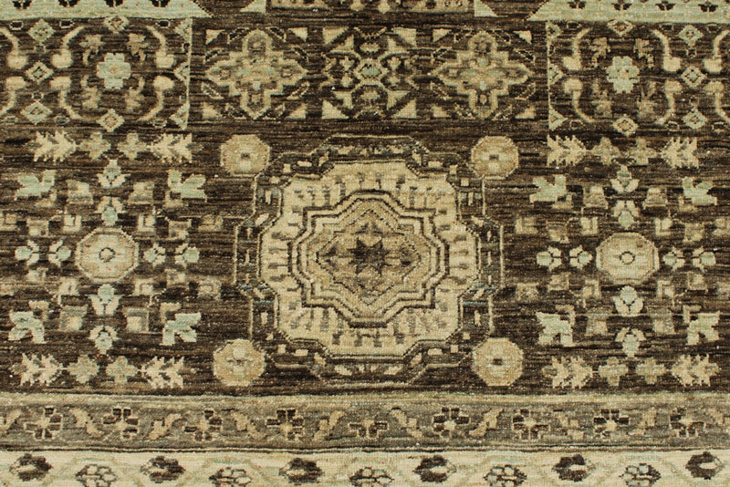 9x12 Ivory and Brown Turkish Tribal Rug
