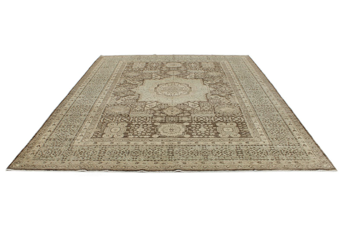 9x12 Ivory and Brown Turkish Tribal Rug