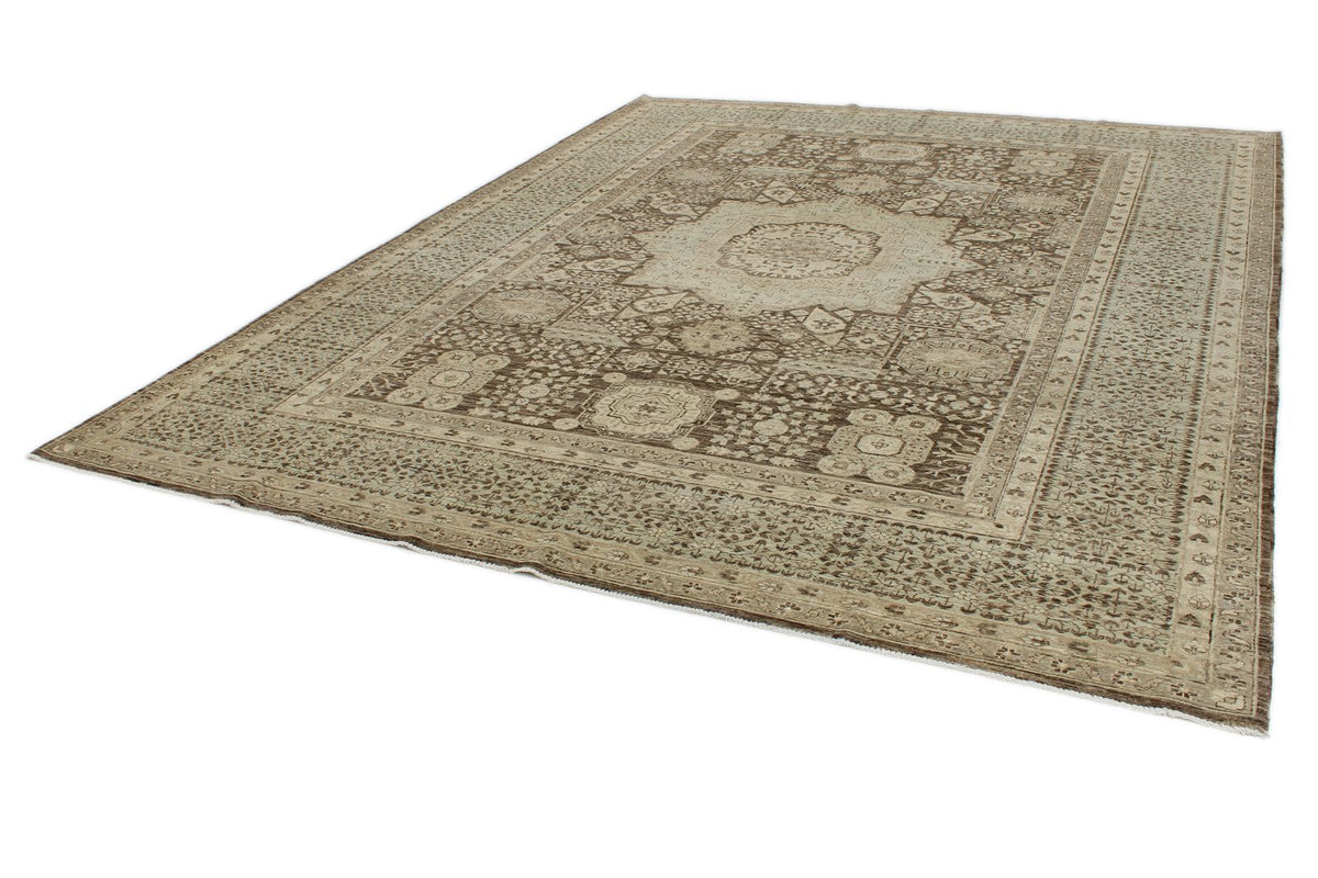 9x12 Ivory and Brown Turkish Tribal Rug
