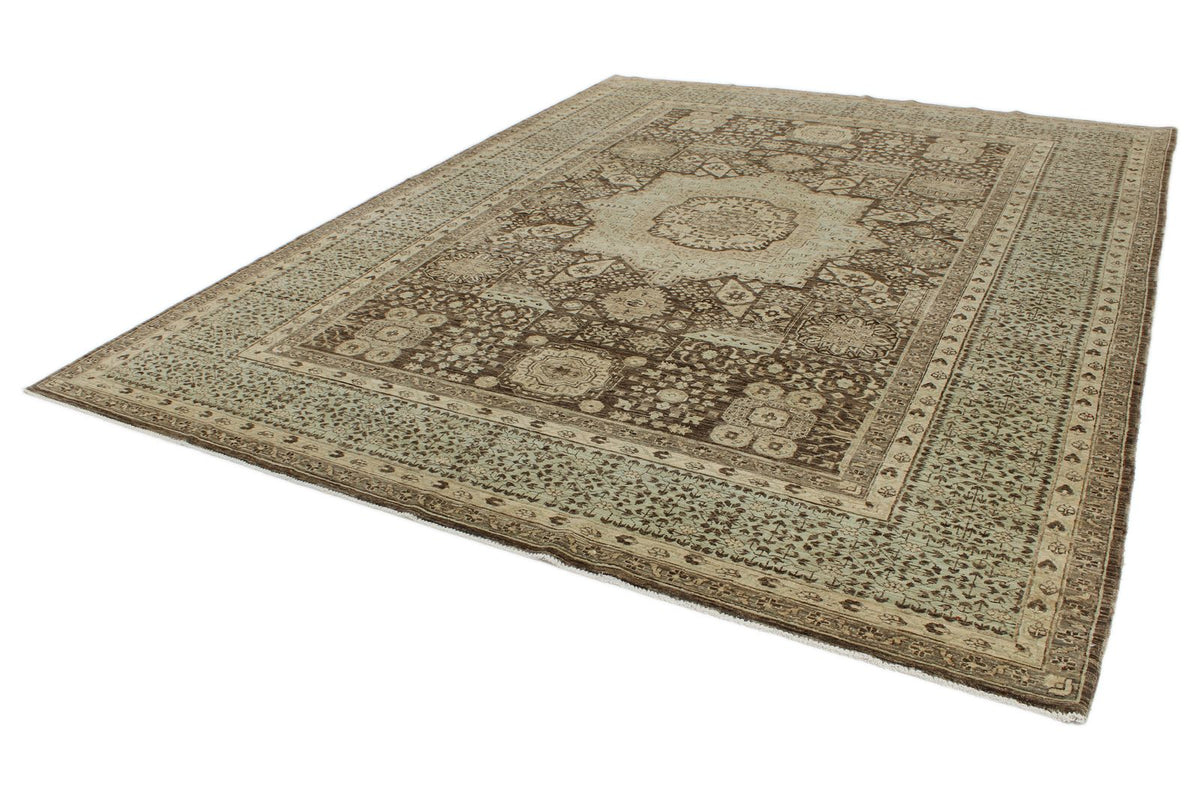 9x12 Ivory and Brown Turkish Tribal Rug