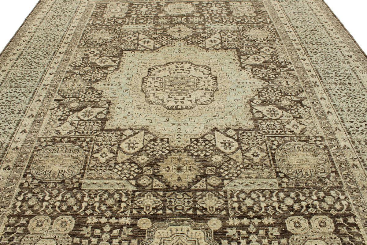 9x12 Ivory and Brown Turkish Tribal Rug