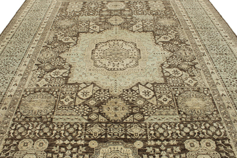 9x12 Ivory and Brown Turkish Tribal Rug