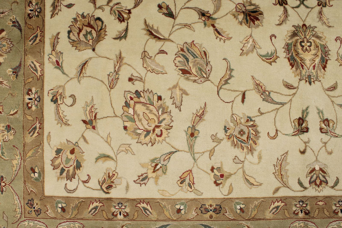 9x12 Ivory and Olive Green Turkish Tribal Rug