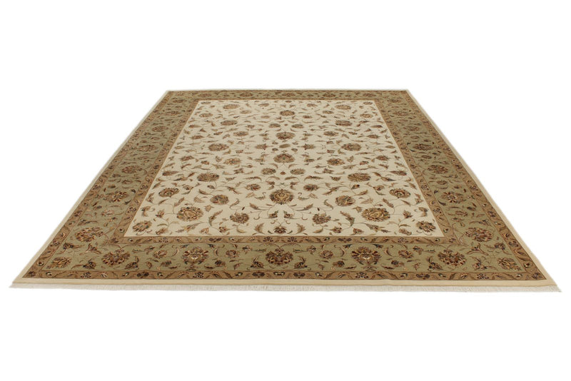 9x12 Ivory and Olive Green Turkish Tribal Rug