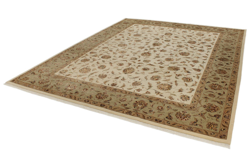 9x12 Ivory and Olive Green Turkish Tribal Rug