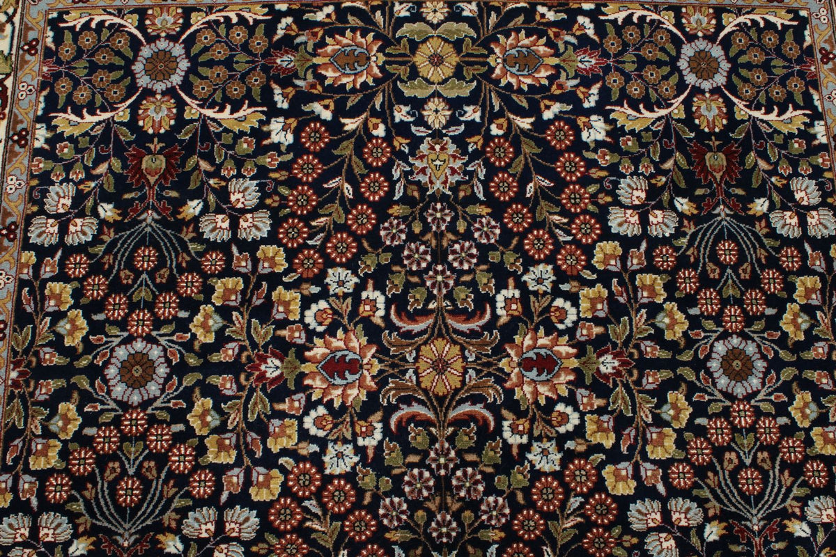 6x8 Navy and Ivory Turkish Silk Rug