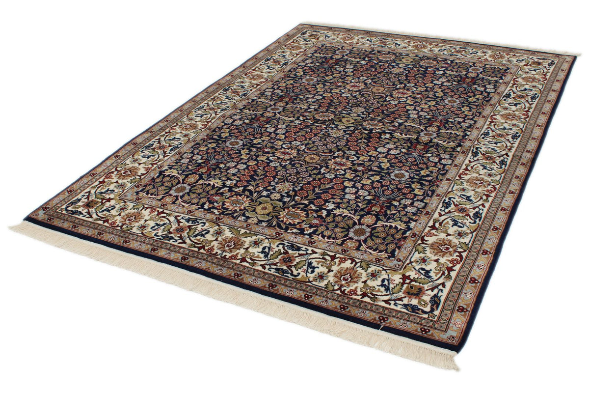 6x8 Navy and Ivory Turkish Silk Rug