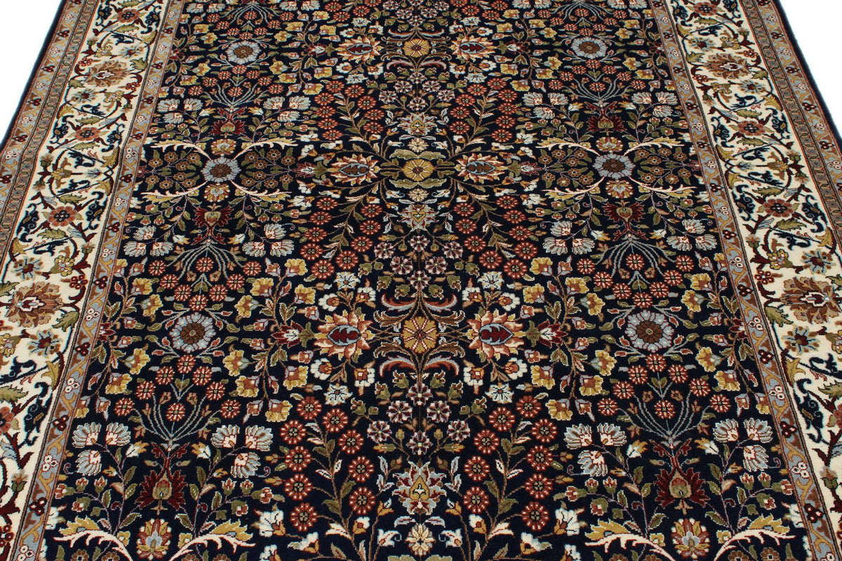 6x8 Navy and Ivory Turkish Silk Rug