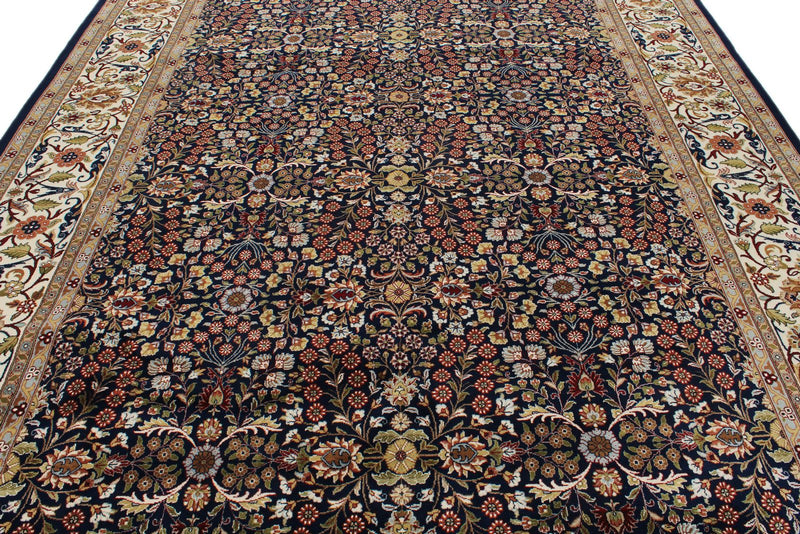 8x11 Navy and Ivory Turkish Silk Rug