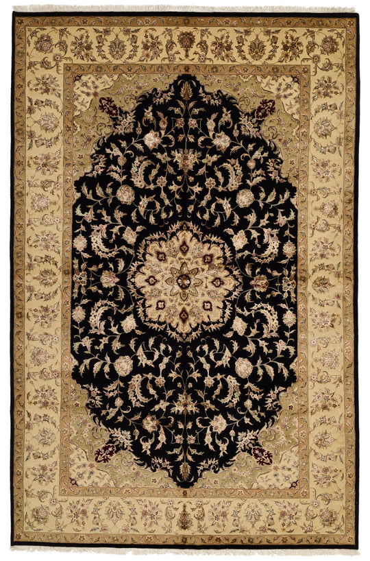 6x9 Black and Beige Turkish Tribal Rug