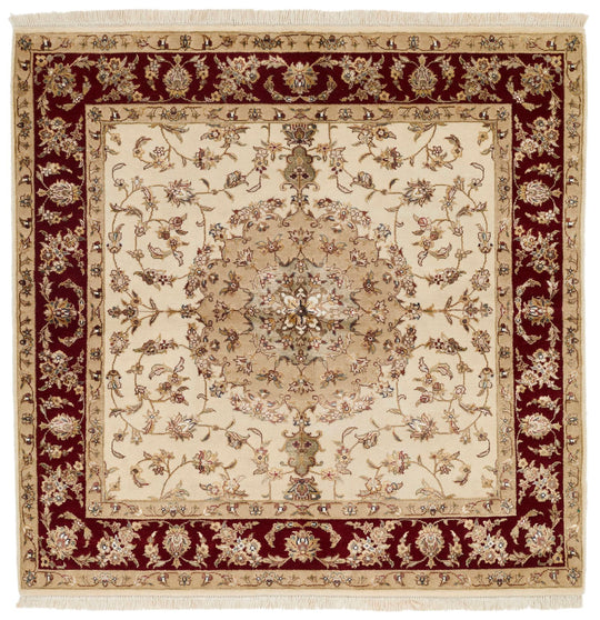 4x4 Ivory and Red Turkish Tribal Rug