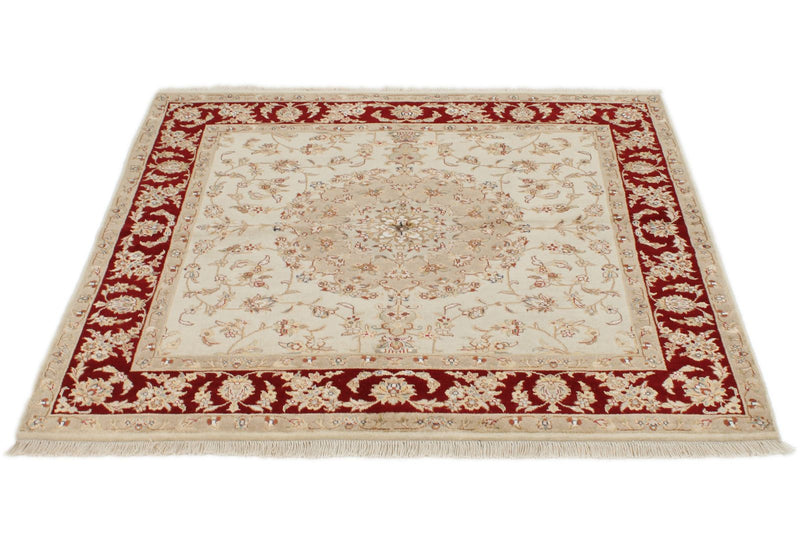 4x4 Ivory and Red Turkish Tribal Rug