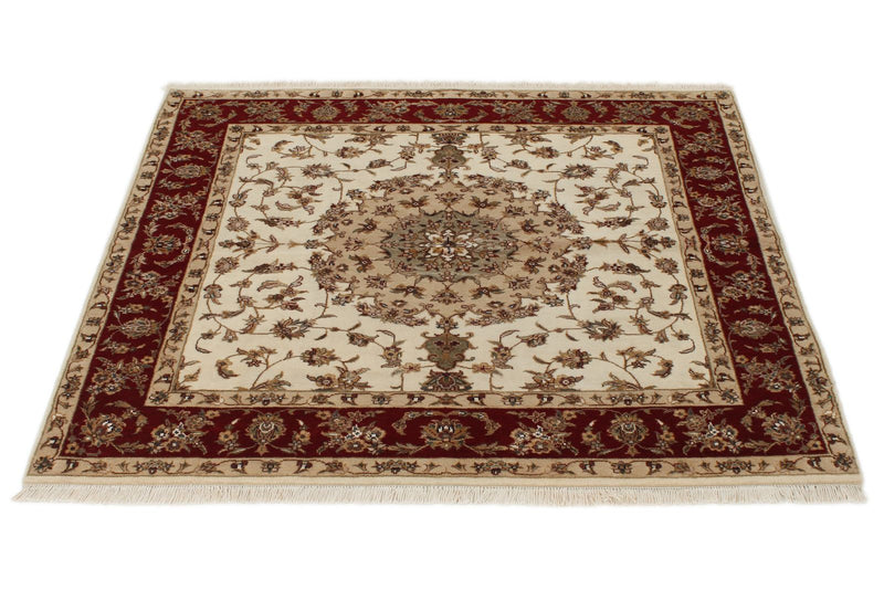 4x4 Ivory and Red Turkish Tribal Rug