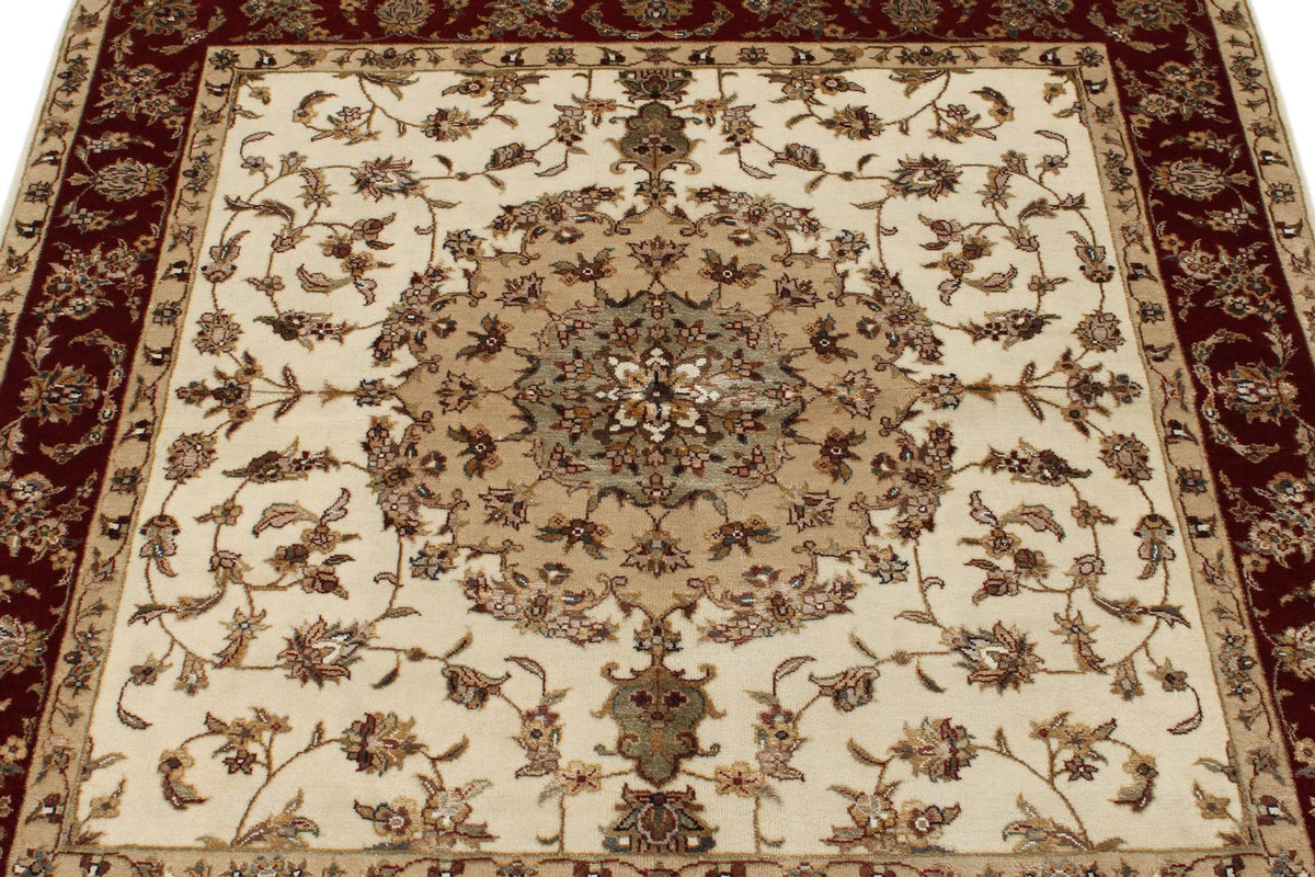 4x4 Ivory and Red Turkish Tribal Rug