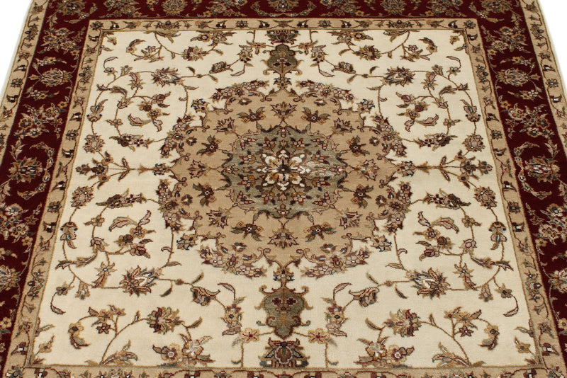 4x4 Ivory and Red Turkish Tribal Rug