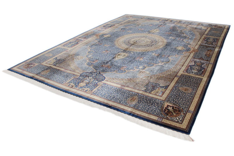 10x13 Blue and Multicolor Turkish Antep Rug