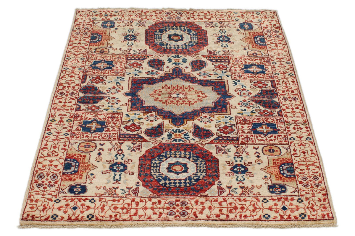 3x5 Beige and Multicolor Turkish Tribal Rug
