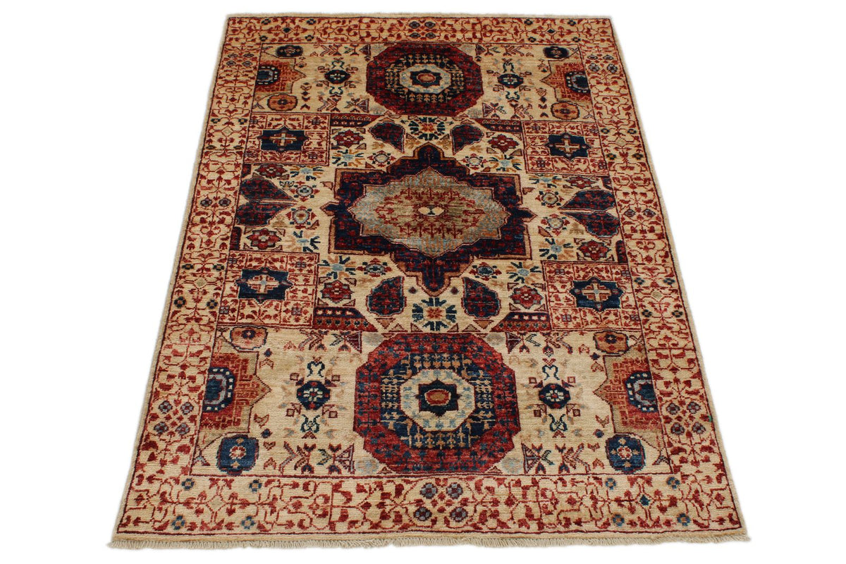 3x5 Beige and Multicolor Turkish Tribal Rug