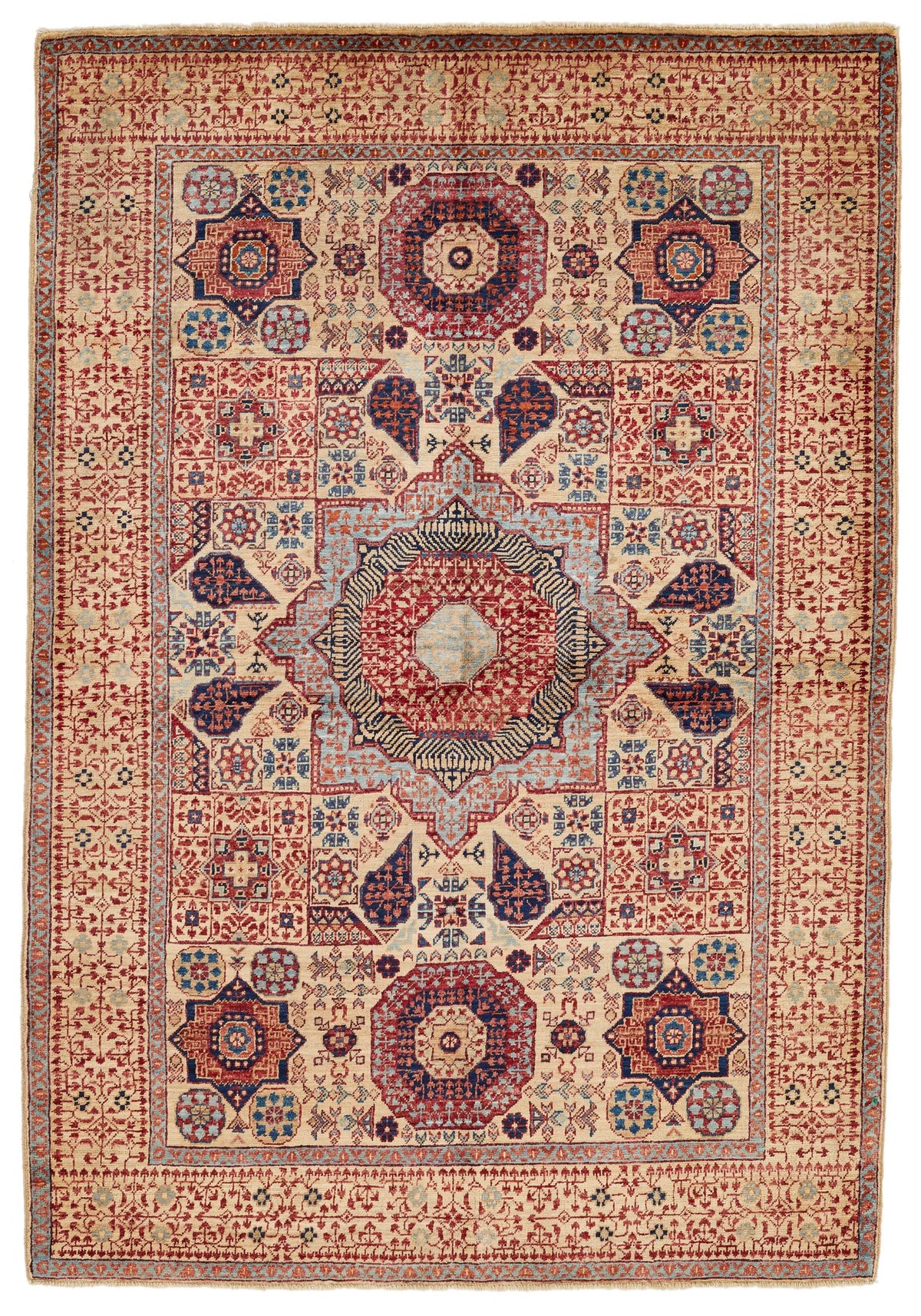 4x6 Ivory and Multicolor Turkish Tribal Rug