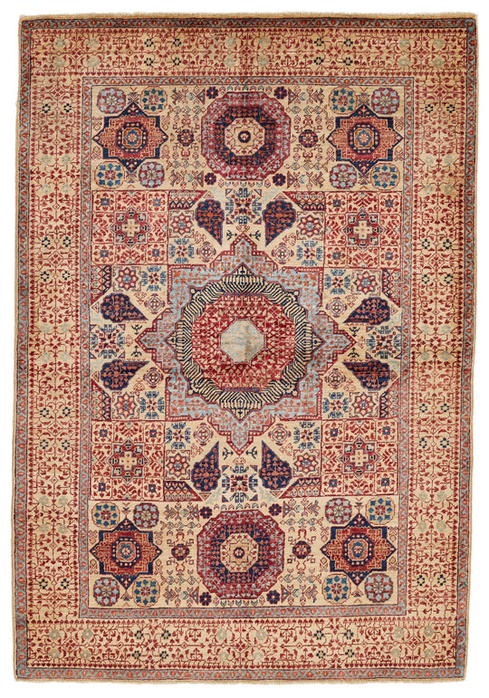 4x6 Ivory and Multicolor Turkish Tribal Rug