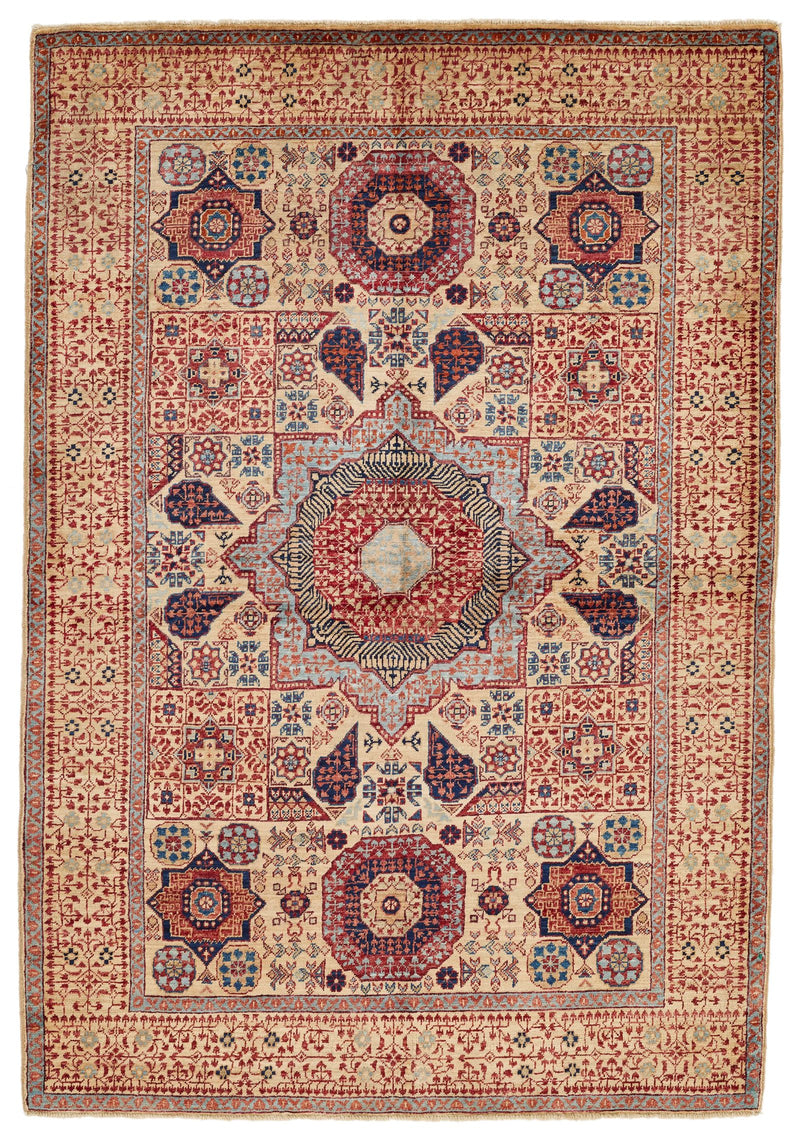 4x6 Ivory and Multicolor Turkish Tribal Rug