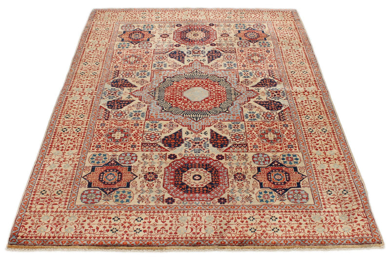 4x6 Ivory and Multicolor Turkish Tribal Rug