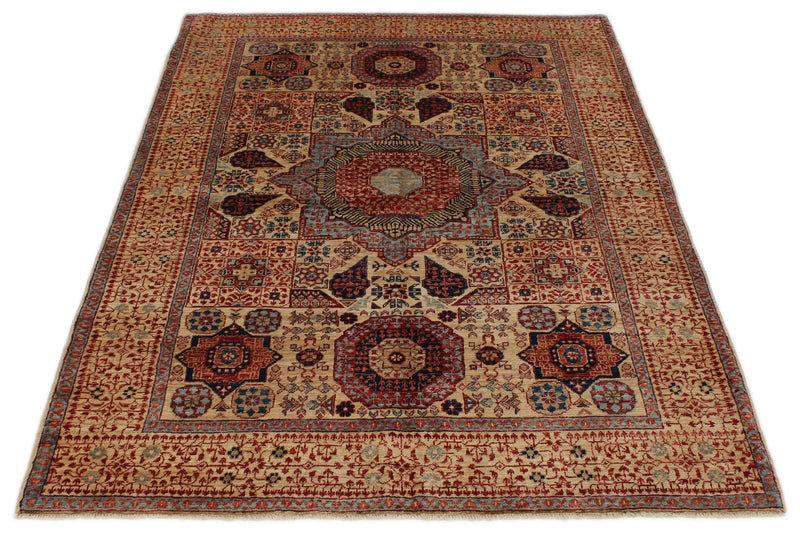 4x6 Ivory and Multicolor Turkish Tribal Rug