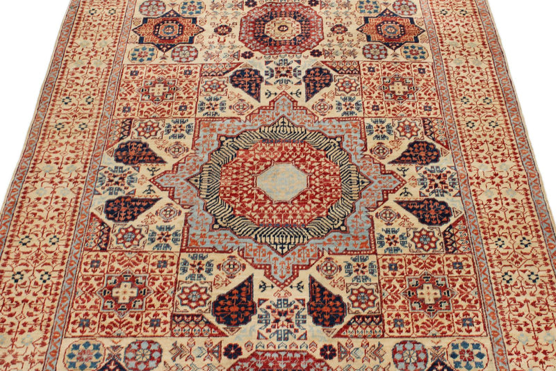 4x6 Ivory and Multicolor Turkish Tribal Rug