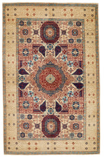 4x6 Ivory and Multicolor Turkish Tribal Rug