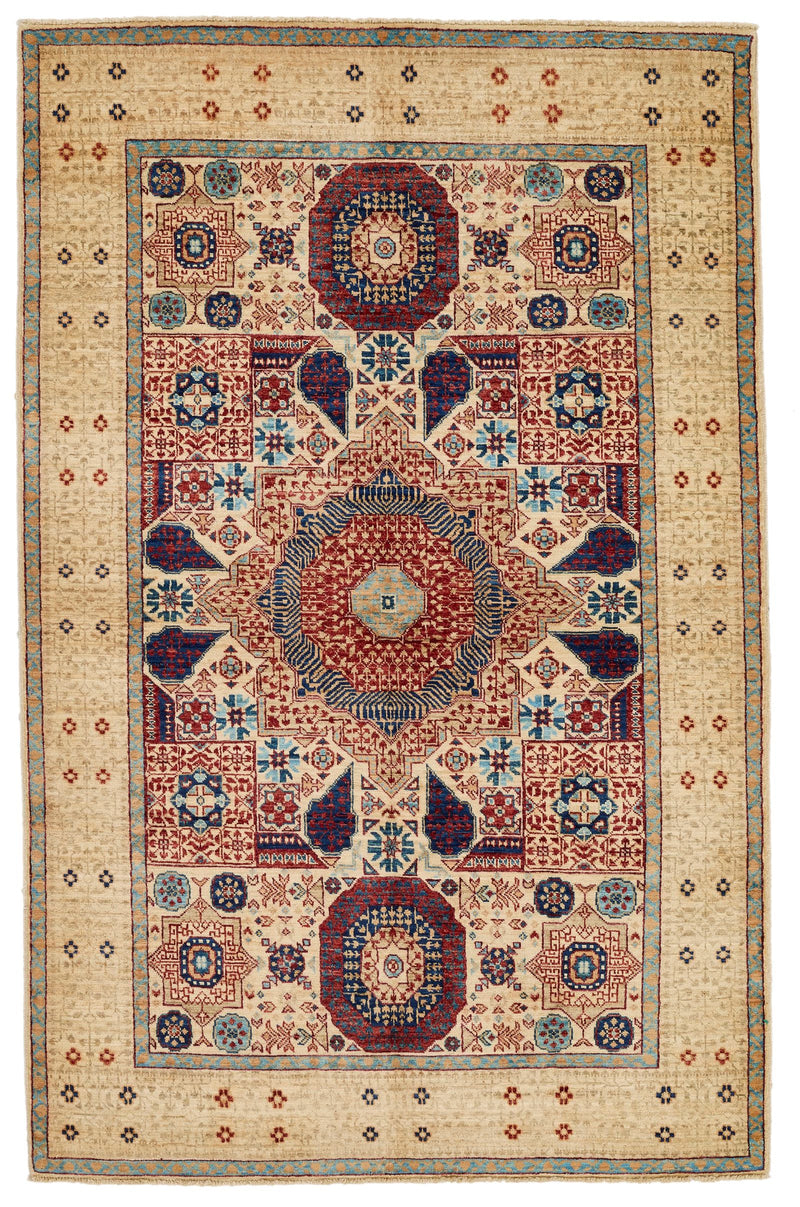 4x6 Ivory and Multicolor Turkish Tribal Rug