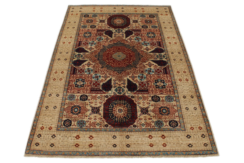 4x6 Ivory and Multicolor Turkish Tribal Rug