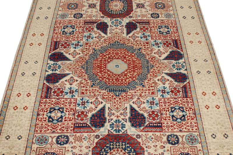 4x6 Ivory and Multicolor Turkish Tribal Rug