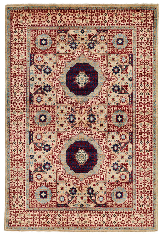 4x6 Ivory and Multicolor Turkish Tribal Rug