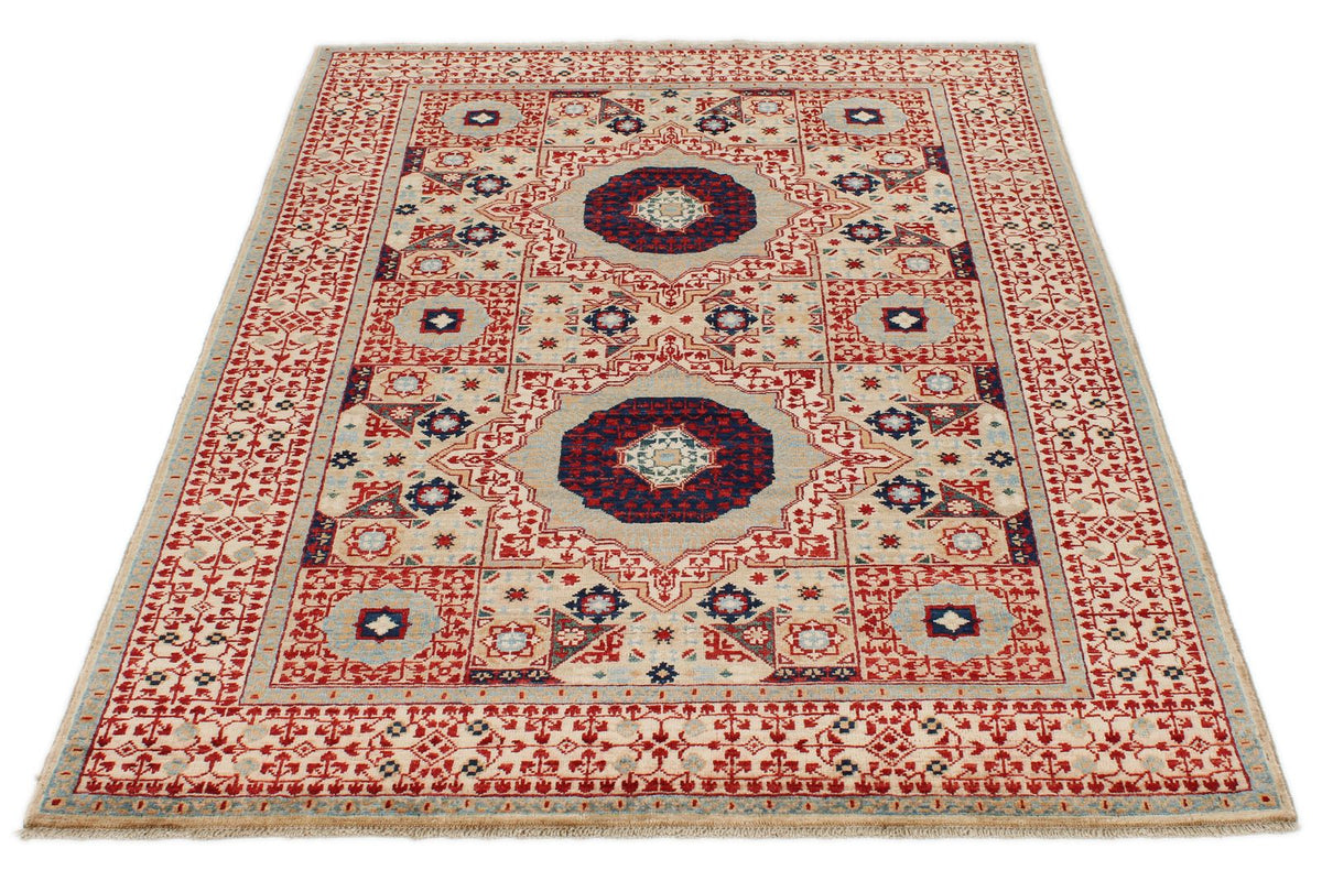 4x6 Ivory and Multicolor Turkish Tribal Rug