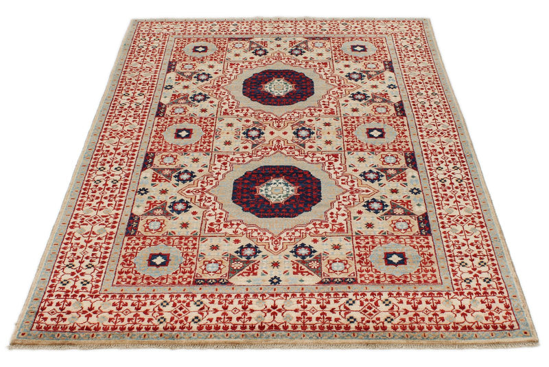 4x6 Ivory and Multicolor Turkish Tribal Rug