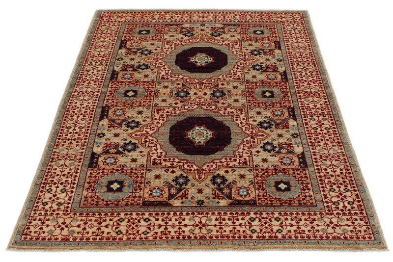 4x6 Ivory and Multicolor Turkish Tribal Rug