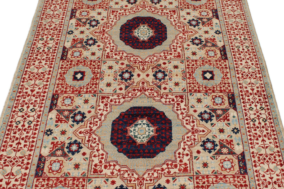 4x6 Ivory and Multicolor Turkish Tribal Rug