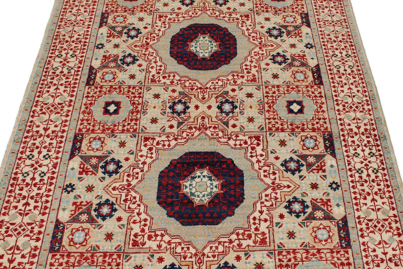 4x6 Ivory and Multicolor Turkish Tribal Rug