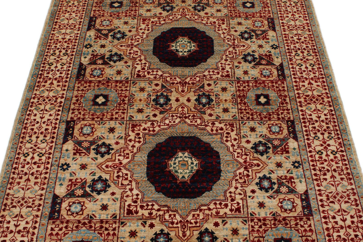 4x6 Ivory and Multicolor Turkish Tribal Rug