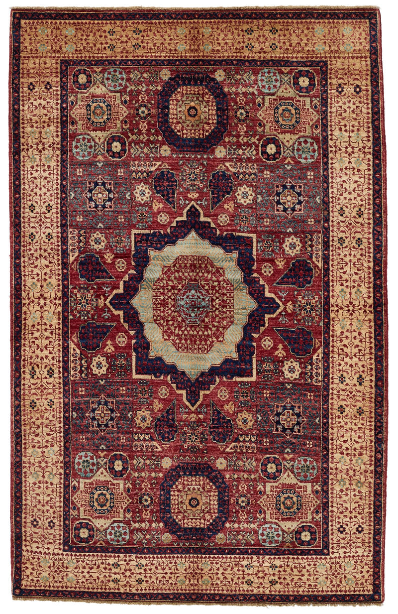 4x6 Burgundy and Camel Turkish Tribal Rug