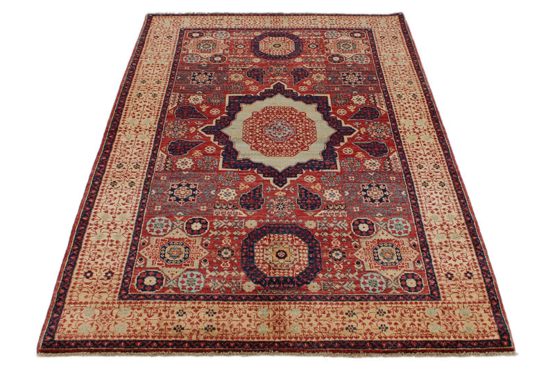 4x6 Burgundy and Camel Turkish Tribal Rug