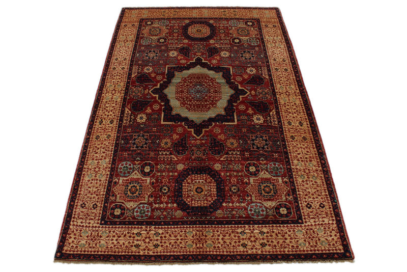 4x6 Burgundy and Camel Turkish Tribal Rug