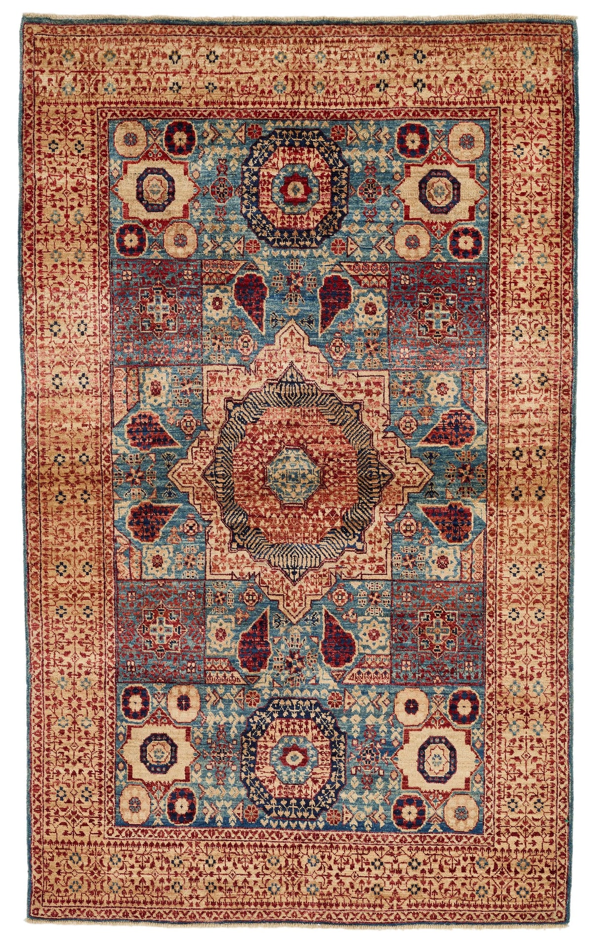 4x6 Blue and Ivory Turkish Tribal Rug