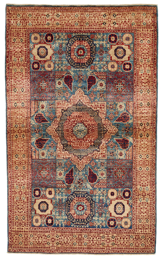 4x6 Blue and Ivory Turkish Tribal Rug