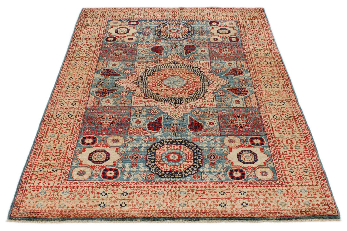 4x6 Blue and Ivory Turkish Tribal Rug
