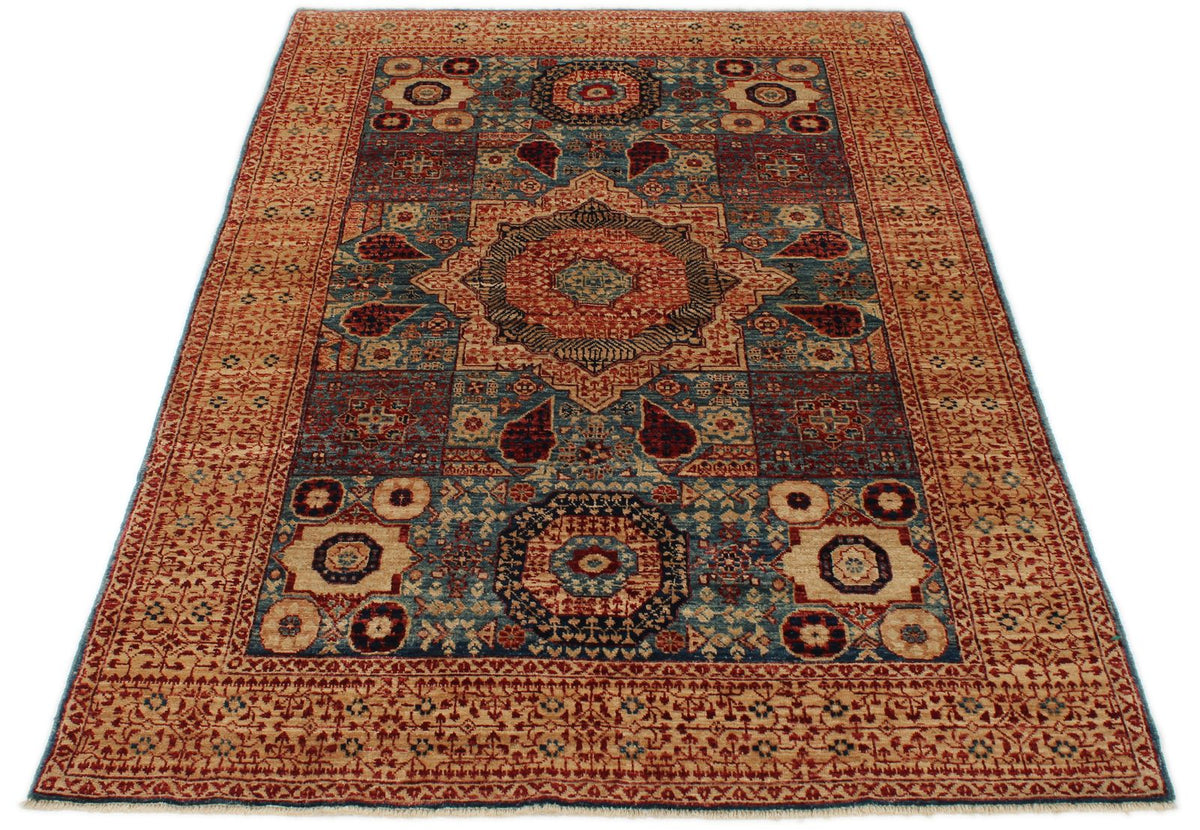 4x6 Blue and Ivory Turkish Tribal Rug